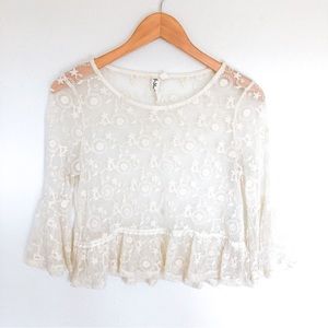 OTHERS FOLLOW Ivory Lace Cropped Top with Bell Sleeve & Ruffles. Women Size S